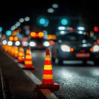 Traffic cones set up on a dark, wet road at night with blurred car headlights and streetlights in the background.
