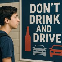 High School Student Reading Observing Poster About Drinking and Driving.