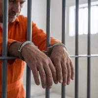 Male prisoner in orange jumpsuit with handcuffs in jail cell.
