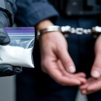 Police officer holding drugs and a handcuffed suspect in custody illegal substance crime concept arrest