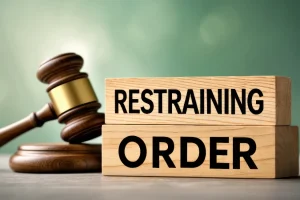 Wooden Blocks With the Words "Restraining Order" and a Gavel in the Background