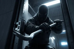 Masked burglar breaking into a metal door with a crowbar in a dark, rainy alleyway.